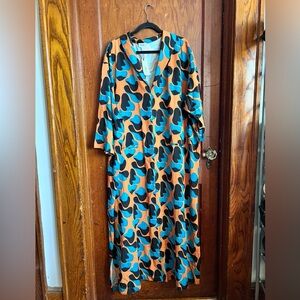 Stylish Orange and Blue Patterned Midi Dress